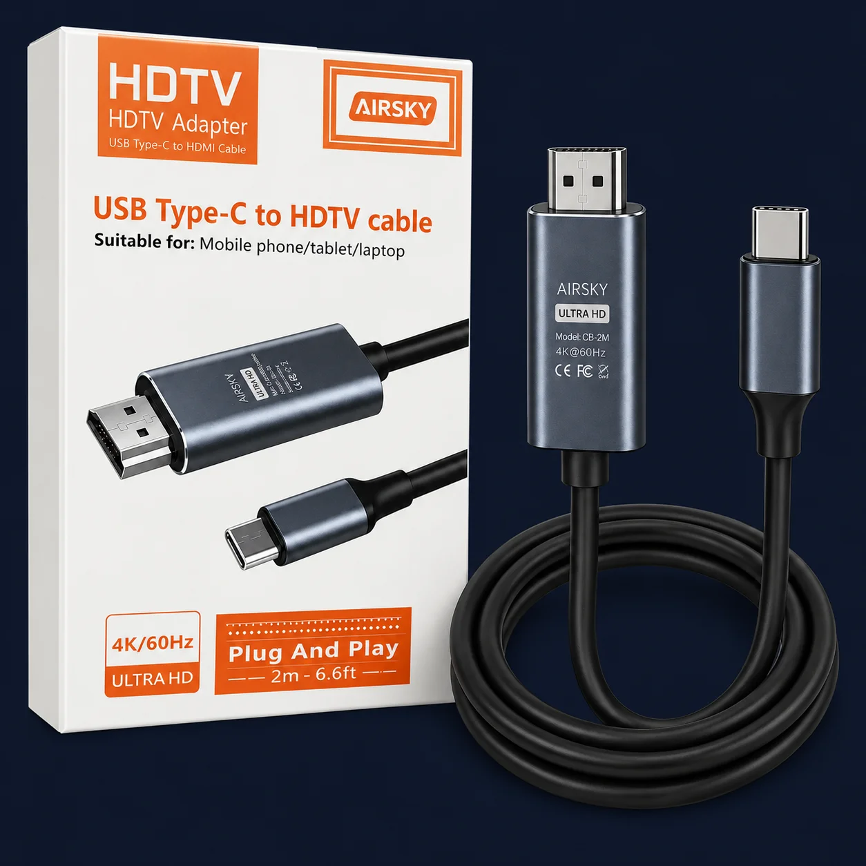AIRSKY – Câble USB-C vers HDMI 4K 60 Hz – 2 m — fond sombre